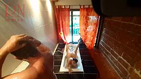 Voyeur spies curvy housewife soaping shower shave in steamy bath routine