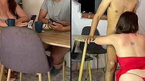 Real homemade mature Colombian milf and young curvy latina eat hairy pussies on the breakfast table.