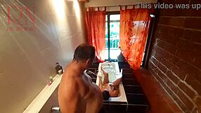 Voyeur spies curvy housewife soaping shower shave in steamy bath routine