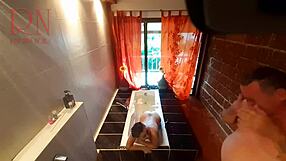 Voyeur spies curvy housewife soaping shower shave in steamy bath routine