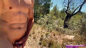 big cock bodybuilder flashes huge meat stroking naked on public trail