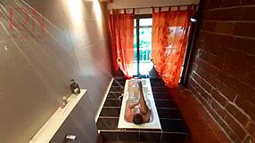 Voyeur spies curvy housewife soaping shower shave in steamy bath routine