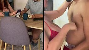 Real homemade mature Colombian milf and young curvy latina eat hairy pussies on the breakfast table.