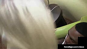 Bent over blonde Chloe Cartier with tattoos and glasses deepthroats Rome Major's big black cock before riding to orgasm.