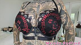 melody radford squeezes big tits in black purple lingerie micro bikini haul 🔥👙