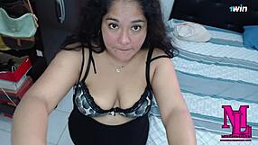 latina sucks stepdad's cock and he cums on her tits while mom away