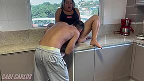 kitchen fuck ends cum in her mouth!