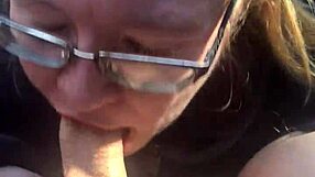 She gulps down cum during her bbw break time blowjob