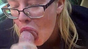 She gulps down cum during her bbw break time blowjob