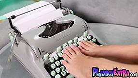 Petite Brunette Secretary Harley Melts Spreads Legs Wide Nude for Boss in Lingerie Striptease