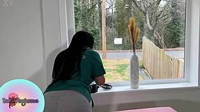 Curvy ebony licks juicy pierced pussy in uniform wax play