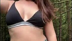 check out this busty flexible european milf posing outdoors with big tits undressing