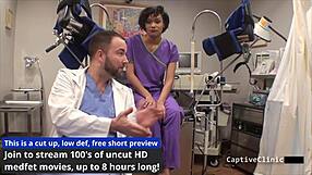 Black nurse jackie banes humiliates patient with latex gloves and handcuffs backstage