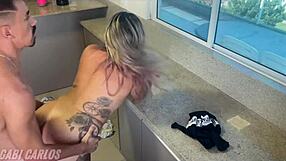 kitchen fuck ends cum in her mouth!