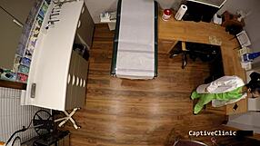 Black nurse jackie banes humiliates patient with latex gloves and handcuffs backstage