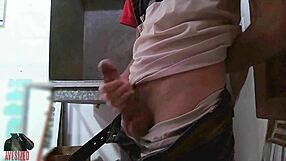 skinny dude jerks monster cock behind shop counter?