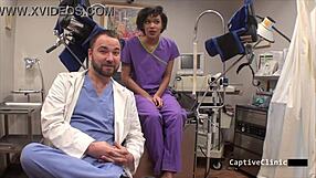Black nurse jackie banes humiliates patient with latex gloves and handcuffs backstage