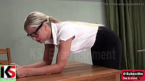 in the office, the boss catches her slacking and delivers a firm SPANKING lesson at work. she bends over the desk begging for more punishment