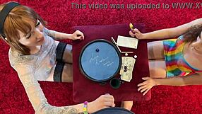 two sexy redhead sluts in cum contest game race to drain his cock first