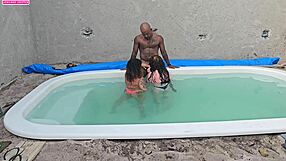 poolside jerk-off turns into bbc creampie pounding two lingerie sluts