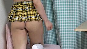 look at those natural tits bursting from her short uniform under desk!!