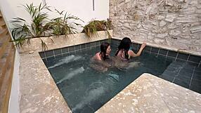 imagine two horny latina lesbians fingering wet pussies in public pool scared of getting caught