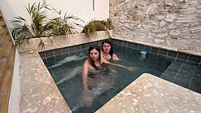 imagine two horny latina lesbians fingering wet pussies in public pool scared of getting caught