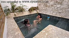 imagine two horny latina lesbians fingering wet pussies in public pool scared of getting caught