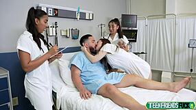 Petite shy teen patient fucked hardcore by three blonde doctors kissing deep.