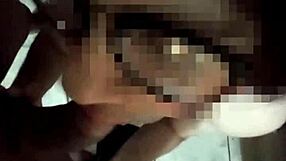 Nerdy crossdresser with glasses gives sloppy solo blowjob.