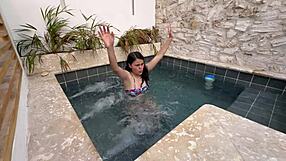 imagine two horny latina lesbians fingering wet pussies in public pool scared of getting caught