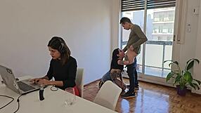 sneaky fuck her boyfriend while she works computer right behind us