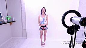 brunette teen arrives for casting interview daddy massages her on sofa then FUCKS hard and she swallows cum