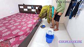 husband sneaks cock into maid's wet pussy from behind