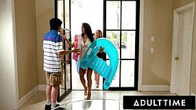 Horny milf hosts pool party that turns into reverse gangbang orgy with neighborhood stud.