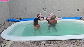 poolside jerk-off turns into bbc creampie pounding two lingerie sluts