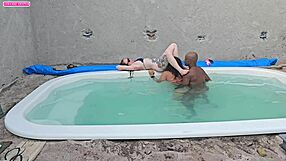 poolside jerk-off turns into bbc creampie pounding two lingerie sluts
