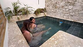 imagine two horny latina lesbians fingering wet pussies in public pool scared of getting caught