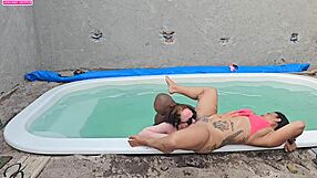 poolside jerk-off turns into bbc creampie pounding two lingerie sluts