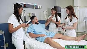 Petite shy teen patient fucked hardcore by three blonde doctors kissing deep.