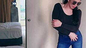 pretty asian ladyboy rips jeans for solo striptease flaunting her huge gifted boobs