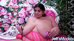 Young bbw Rose D Kush sucks dildo then rides it hard