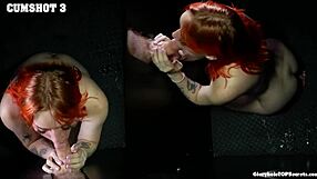 Redhead gloryhole slut gulps cum loads on tongue and face