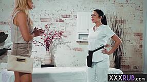 sophia west squirms under alex coal's teasing lesbian massage fingers