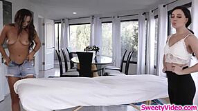 Lesbian babe fingers her bff's shaved pussy after steamy massage