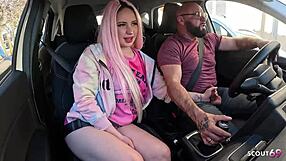 Crazy bitch Maria Gail seduces old uber driver for bareback outdoor car fuck