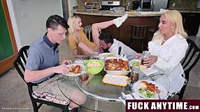 milf mother-in-law rides teen cock freeuse style during family dinner