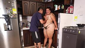 stepmom FUCKS stepson in kitchen then SWALLOWS his CUMSHOT!