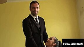 kimmie fox seems so shy but watch her deepthroat cum-guzzling then get roughly fucked doggystyle by dominant stud in stockings