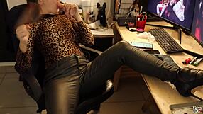 French Amateur Leo Rims In Red Satin Bodysuit Heels Black Leather Pants Doggystyle POV